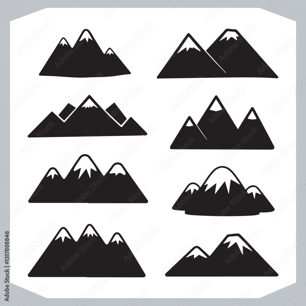 Black and White Mountain Icons Retro Hand Drawn Sketch Collection