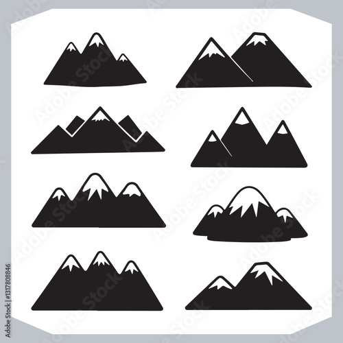 Black and White Mountain Icons Retro Hand Drawn Sketch Collection