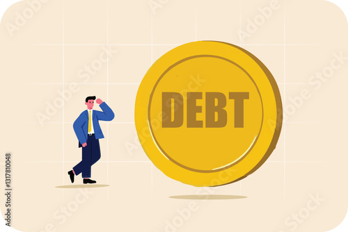 Businessman and business concept,  businessman standing with a giant debt coin
