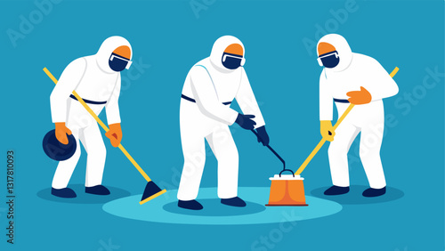 Team in Protective Gear A diverse team of professionals in white biohazard suits and gloves using a mop and bucket to clean the floor of a room marked with police tape.