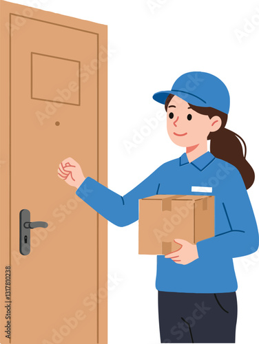 Delivery woman smiling while knocking on a door, wearing a blue uniform, showcasing friendly demeanor in flat vector illustration