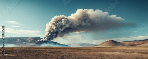 Volcanic ash plume rises into the sky over a barren landscape during daylight hours photo