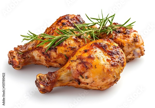 Deliciously cooked chicken drumsticks garnished with fresh herbs on a white background view food meal