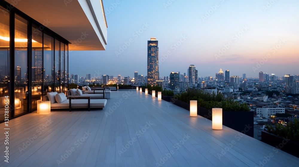 Obraz premium Rooftop lounge, city skyline, evening, relaxation