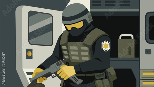 SWAT Gear Showcase A closeup illustration capturing a SWAT team member adjusting their tactical gear while seated in the armored vehicle with various tools and weapons in view.