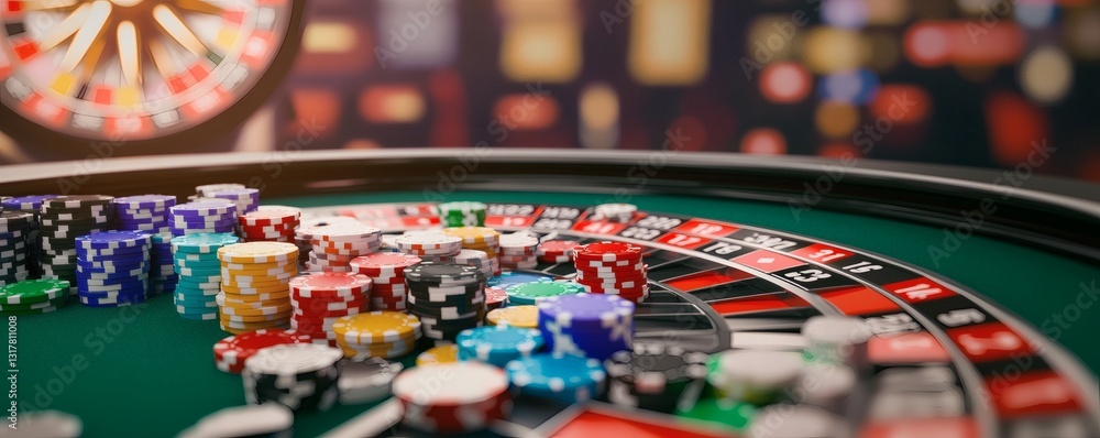 A roulette wheel surrounded by colorful casino chips on the table A roulette wheel surrounded by colorful casino chips on the table