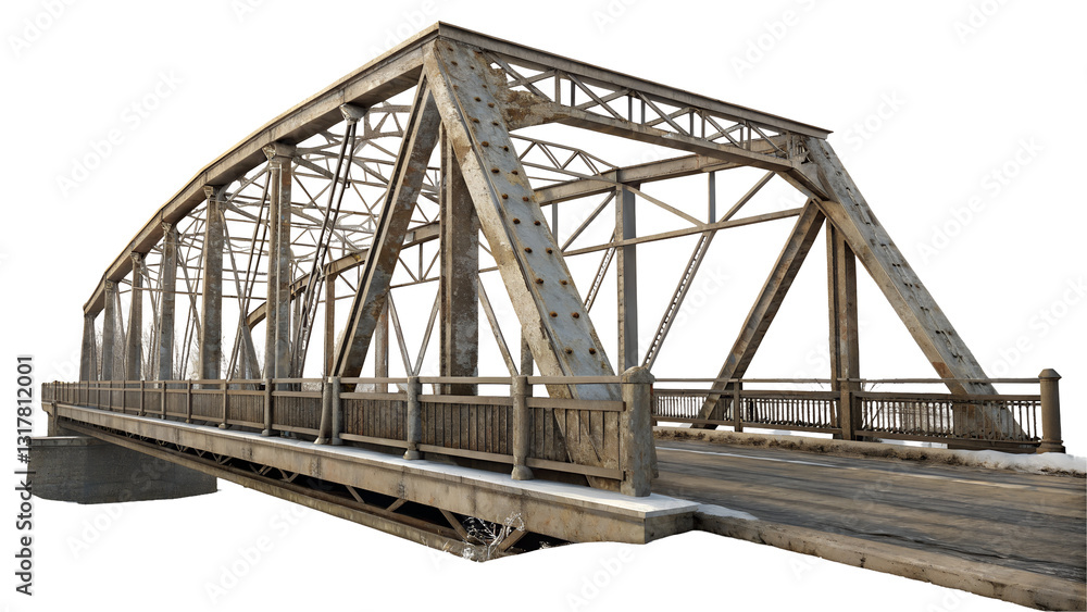 Old metal bridge over the river isolated on transparent background png
