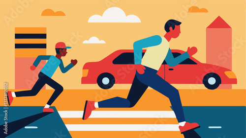Street Chase A runner in casual clothing darting across a busy street with a pair of police officers in pursuit cars swerving to avoid the commotion.