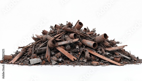 Large pile of scrap metal with twisted rusted sheets, parts, pipes against plain white background. Steel, iron, discarded material waste, recycling concept. Junkyard, industrial, old, used, damaged