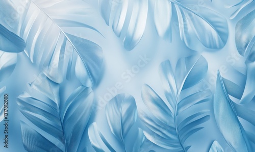 Light blue leaf patterns illuminated softly under diffused light creating a delicate and organic abstract aesthetic .