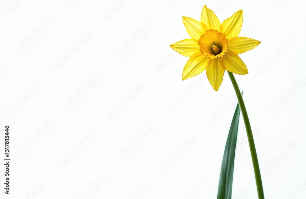 Obraz premium Elegant daffodil flower boasts delicate yellow petals, long green stem isolated on white background. Symbolizes springtime, beauty, freshness, new beginnings, vibrant life, positive mood, rebirth.