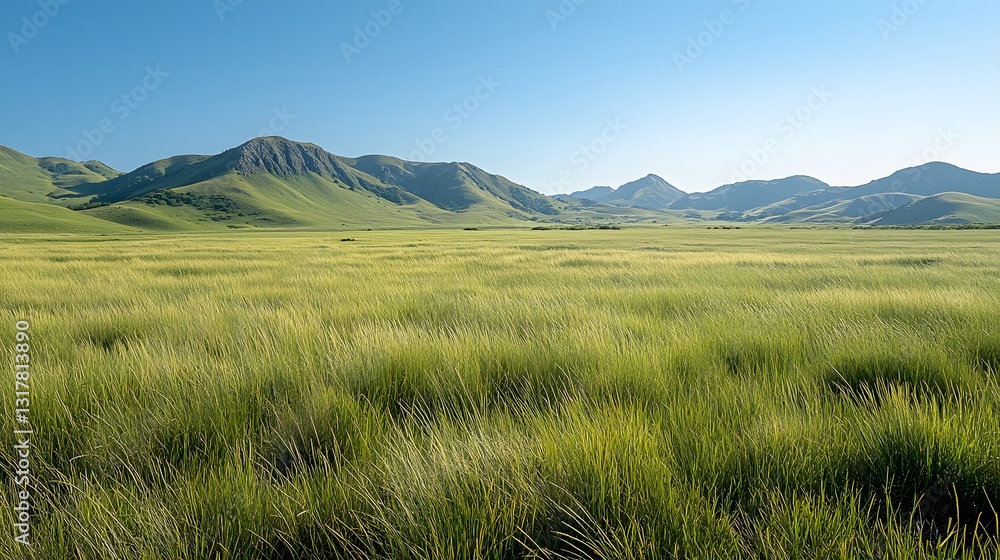 Fototapeta premium A lush green meadow under a bright blue sky, tall grass moving in the wind, perfect for hay harvesting. 