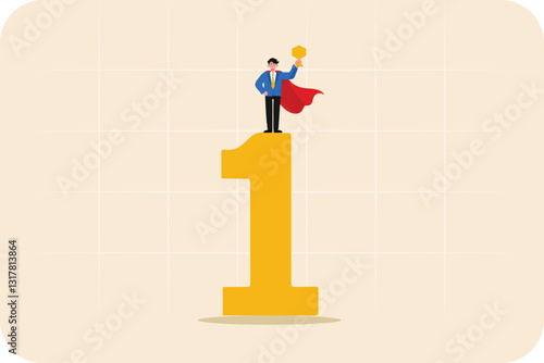 Businessman and business concept, smart businessman standing on a giant word of 1 and holding a trophy