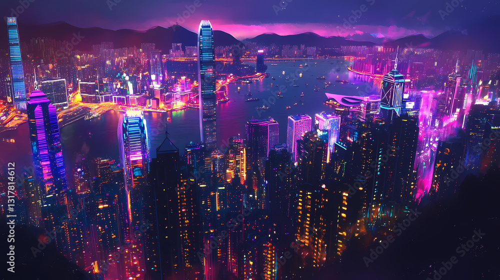 Obraz premium Neon hong kong nightscape: a dazzling aerial view. Glimmering Horizon. Illustration