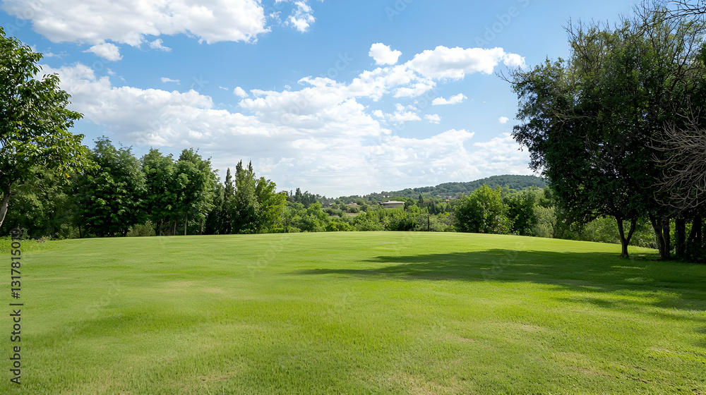 Lush Green Field with Trees Under a Partly Cloudy Blue Sky on a Sunny Summer Day Lush Green Field with Trees Under a Partly Cloudy Blue Sky on a Sunny Summer Day