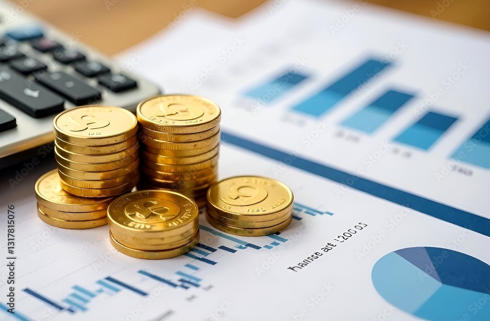 Gold coins on paper and calculator. Financial planning, business diagram, saving money, finance and investment concept Gold coins on paper and calculator. Financial planning, business diagram, saving money, finance and investment concept