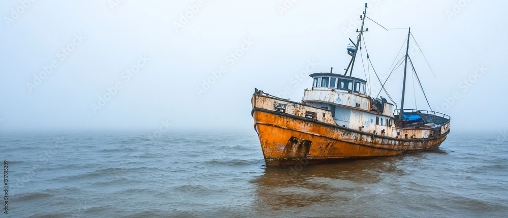 Naklejka premium Rusty ship, foggy sea, abandoned vessel