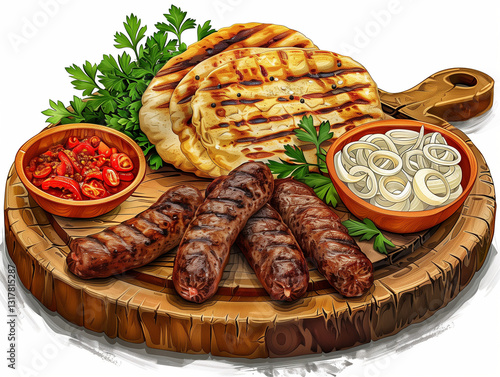 An illustration of a traditional  dish featuring grilled Ćevapi 