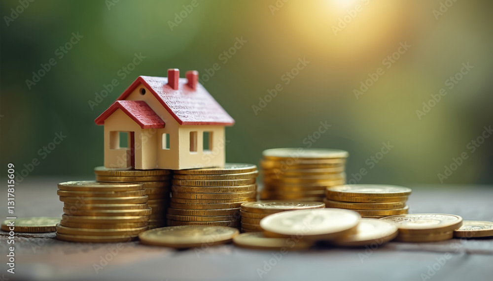 Toy house on gold coins stack. Property investment, income concept. Passive income, tax advantages, rental yields. Real estate market, asset growth, financial wellbeing, home ownership dreams. Toy house on gold coins stack. Property investment, income concept. Passive income, tax advantages, rental yields. Real estate market, asset growth, financial wellbeing, home ownership dreams.