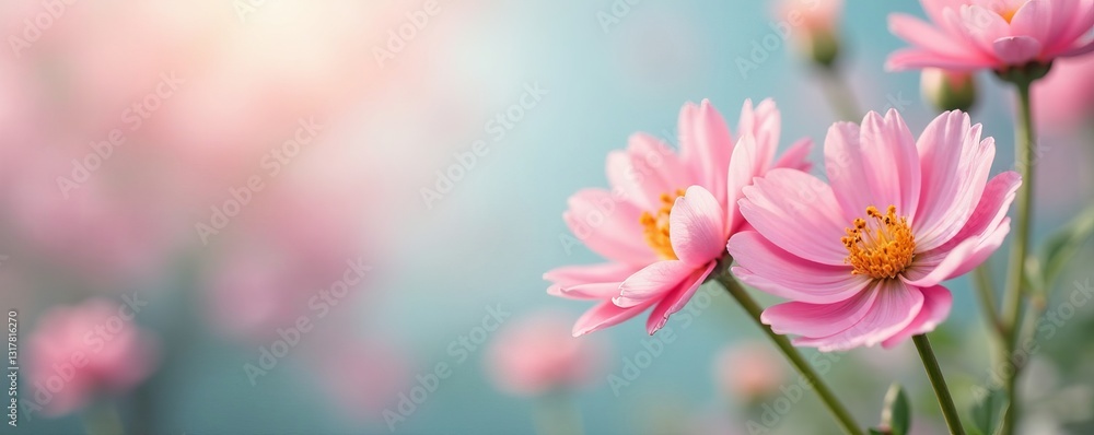 Fototapeta premium Soft pastel spring flowers on a blurred background, colorful, pastel, flowers