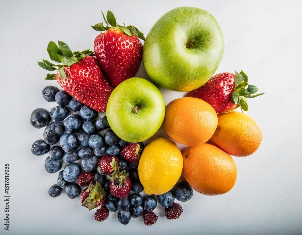 Top View Flat Lay of Fresh Fruits and Berries Isolated on White Background Top View Flat Lay of Fresh Fruits and Berries Isolated on White Background