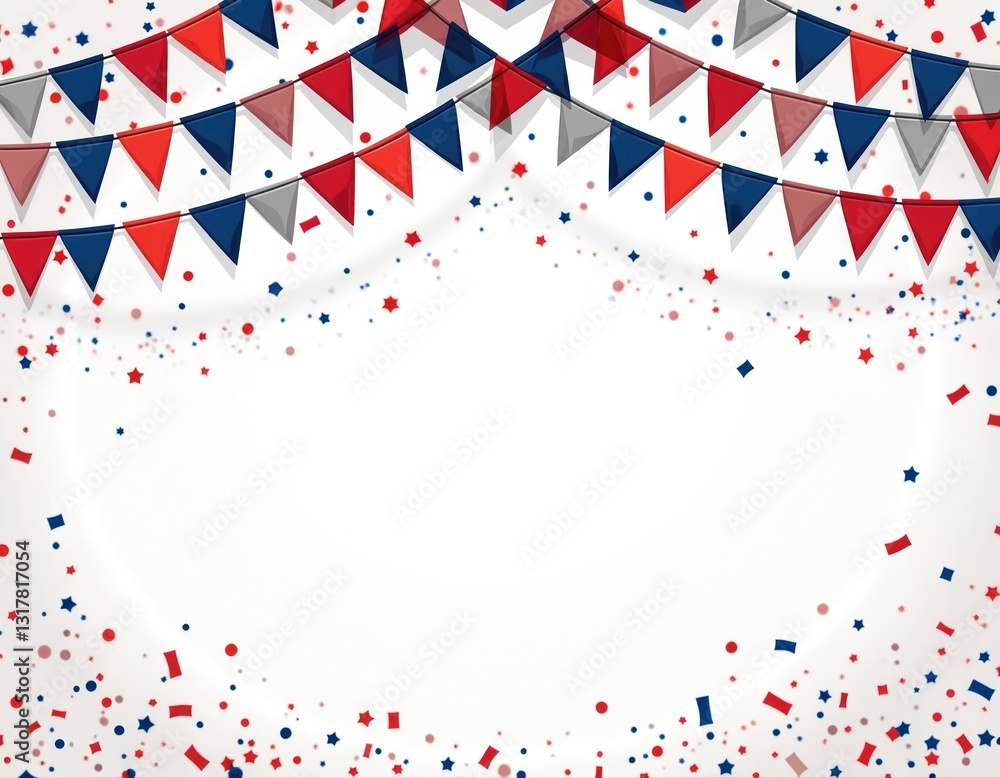 Fototapeta premium Festive border design with red, white, blue bunting, confetti for patriotic theme. Celebration banner with ribbon streamer trim. American holiday party decoration, national event sale background