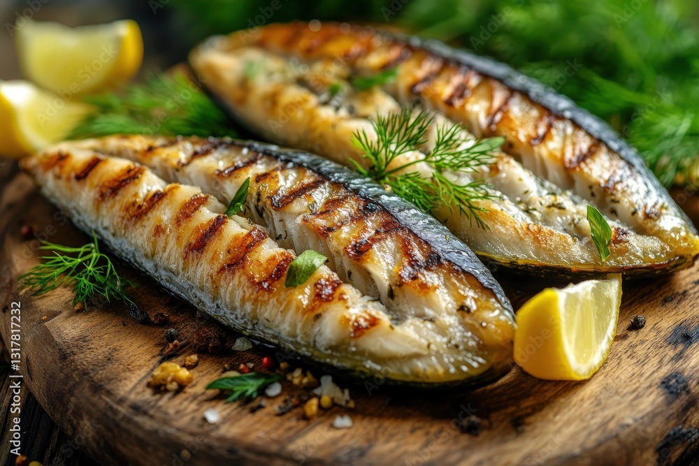 Grilled fish fillets served with lemon and green herbs are presented Grilled fish fillets served with lemon and green herbs are presented