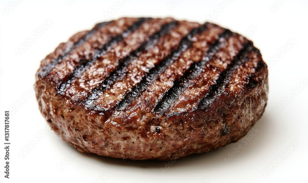 Juicy grilled beef patty with charred grill marks on white background Juicy grilled beef patty with charred grill marks on white background