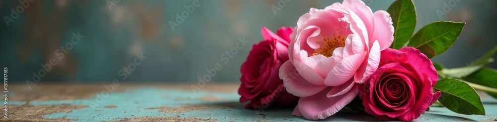 Fototapeta premium Soft pink peony and red roses bouquet on vintage table, soft, peony, flowers