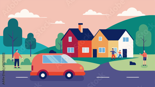 Suburban Neighborhood The selfdriving vehicle cruises through a quiet suburban neighborhood passing by houses sidewalks and children playing outside.