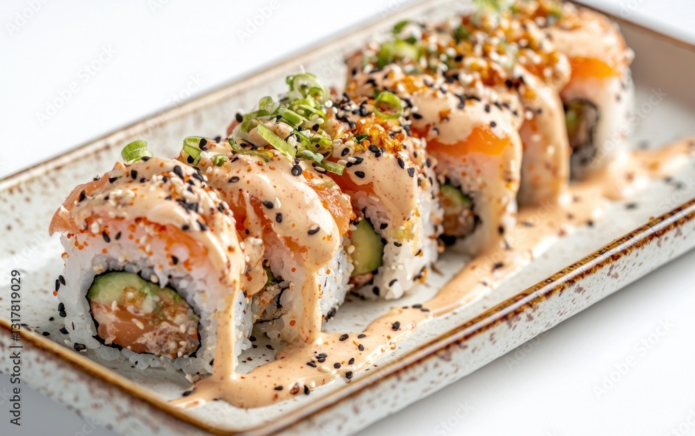 Creamy Salmon Sushi Rolls with Sesame Seeds and Green Onions Creamy Salmon Sushi Rolls with Sesame Seeds and Green Onions