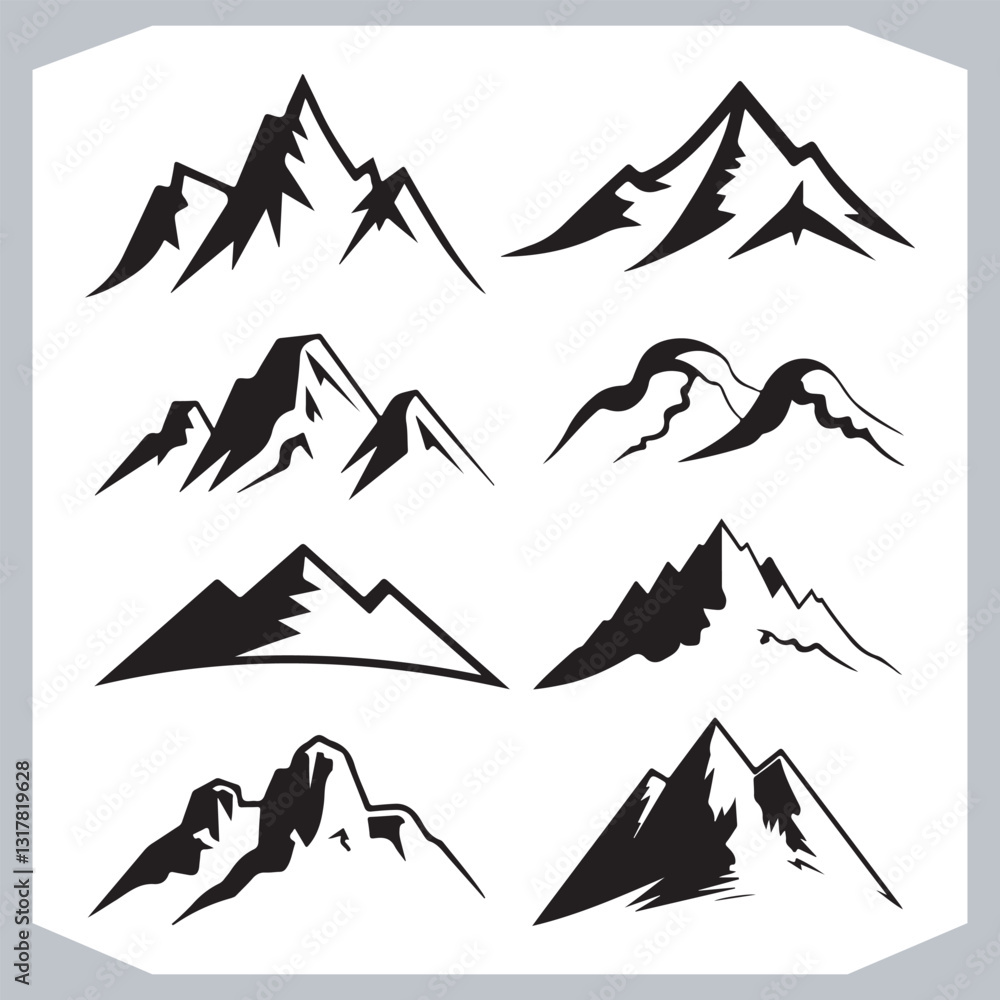 Black and White Mountain Icons Retro Hand Drawn Sketch Collection