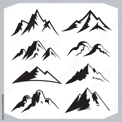 Black and White Mountain Icons Retro Hand Drawn Sketch Collection