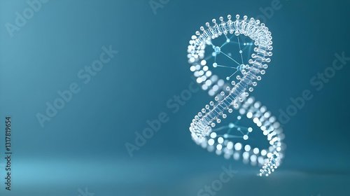 Abstract 3D Rendered Glowing White DNA Double Helix Structure Against A Teal Blue Background Representing Genetic Information