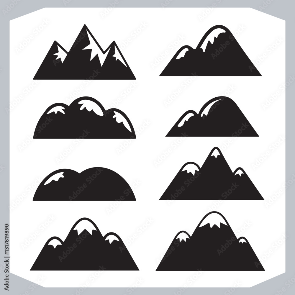 Black and White Mountain Icons Retro Hand Drawn Sketch Collection