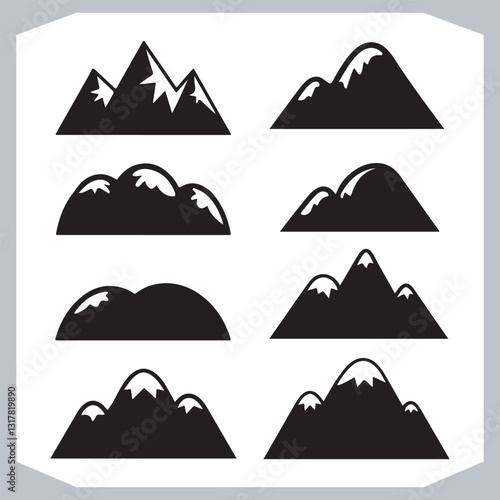 Black and White Mountain Icons Retro Hand Drawn Sketch Collection