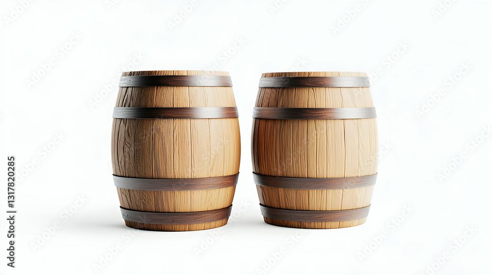 Two Rustic Oak Barrels With Dark Metal Bands On A White Background In A Studio Setting With Soft Lighting Two Rustic Oak Barrels With Dark Metal Bands On A White Background In A Studio Setting With Soft Lighting