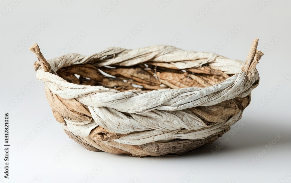 Obraz premium Handwoven Beige and Off-White Fiber Bowl on White Background