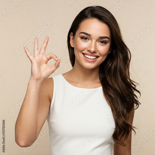 Wallpaper Mural Beautiful Female Model Smiling and Showing Okay Sign in Beige Background Torontodigital.ca