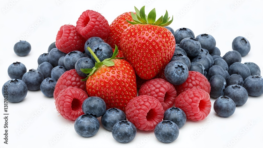 A vibrant pile of fresh strawberries, raspberries, and blueberries against a white background, showcasing bright colors and textures. A vibrant pile of fresh strawberries, raspberries, and blueberries against a white background, showcasing bright colors and textures.