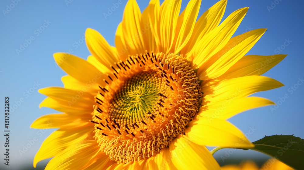 A bright sunflower in close-up, its yellow petals glowing against a clear blue sky. A bright sunflower in close-up, its yellow petals glowing against a clear blue sky.