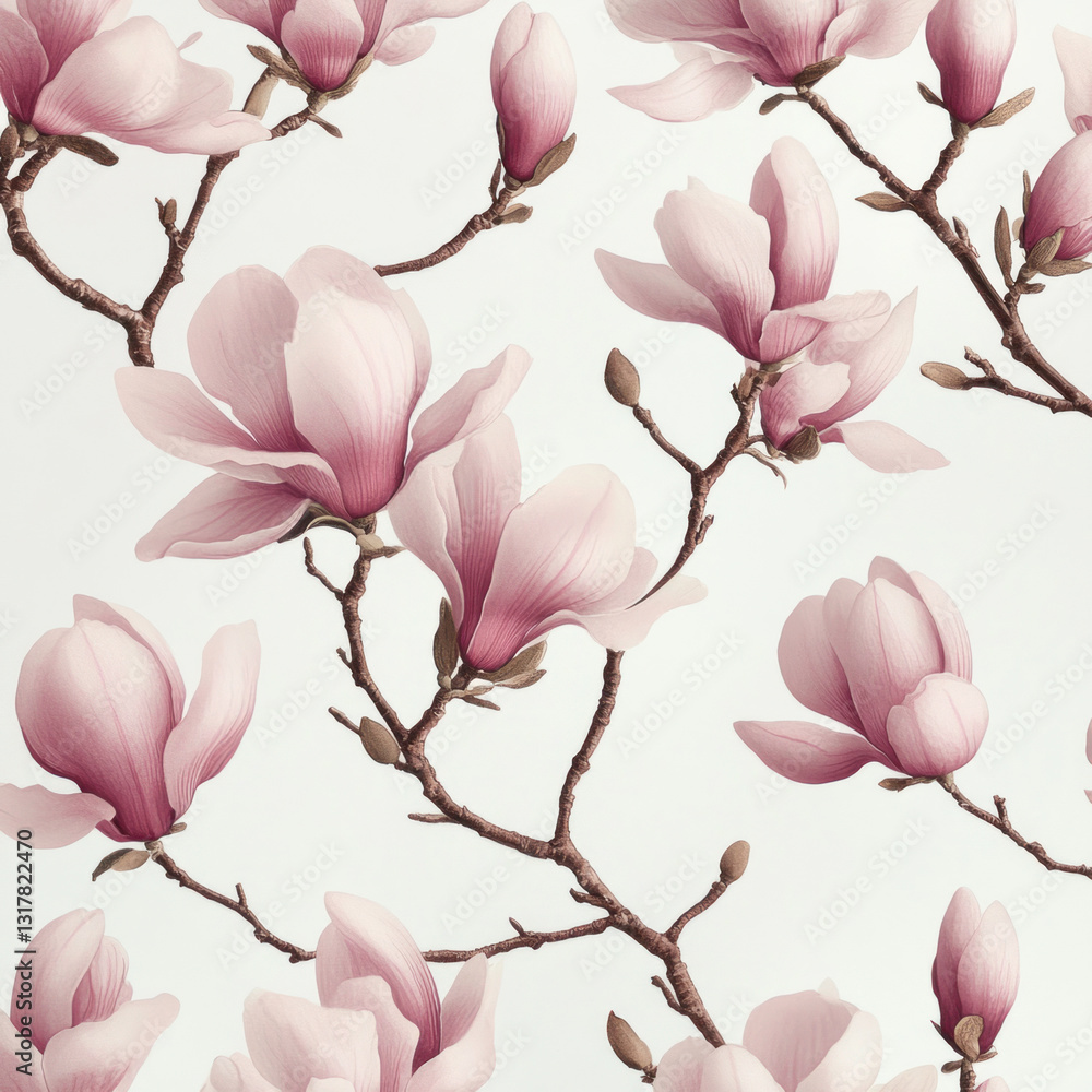 Seamless pattern of delicate pink magnolia blossoms and branches on a light background. Seamless pattern of delicate pink magnolia blossoms and branches on a light background.