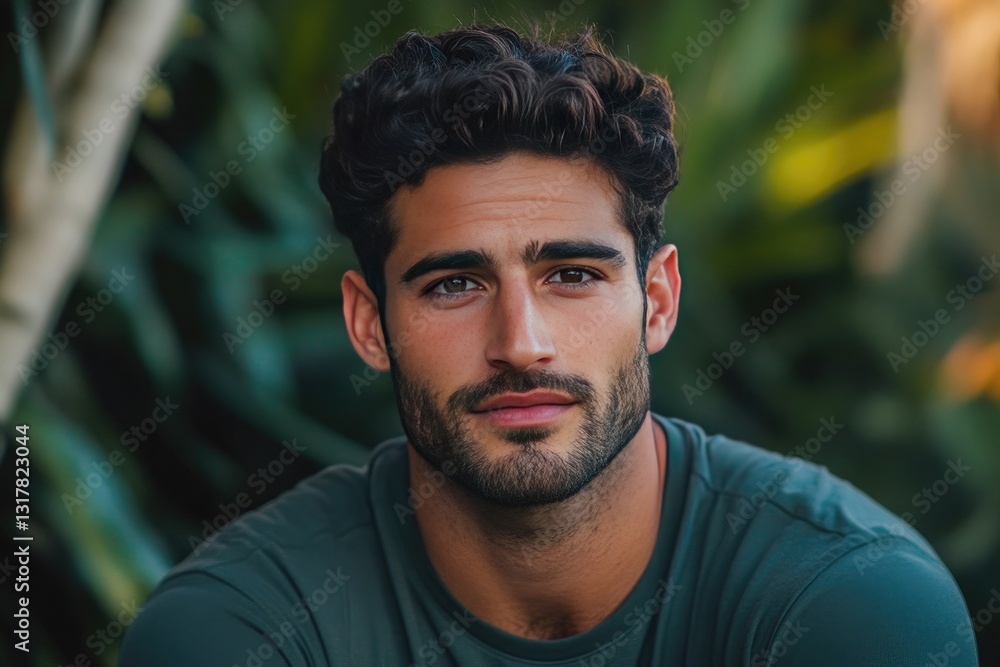 Fototapeta premium A Confident Young Man with Curly Hair Smiling Gently Surrounded by Lush Greenery in a Natural Setting