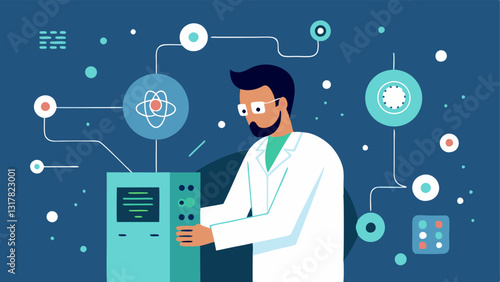 Lab Setup An engineer in a lab coat adjusting the controls on a stateoftheart quantum computer surrounded by blinking lights and technical diagrams.