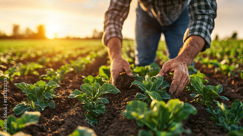 farmer tending to young plants in field during sunset, showcasing dedication and connection to nature. warm light enhances scene beauty and tranquility farmer tending to young plants in field during sunset, showcasing dedication and connection to nature. warm light enhances scene beauty and tranquility