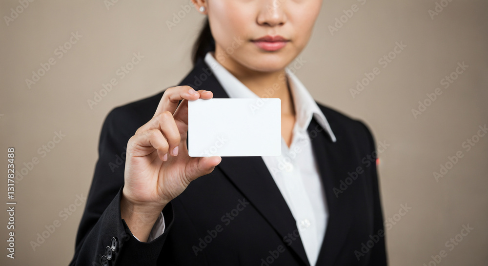 A brunette entrepreneur, an Asian woman, is holding a blank business card at a right angle, close-up mockup A brunette entrepreneur, an Asian woman, is holding a blank business card at a right angle, close-up mockup