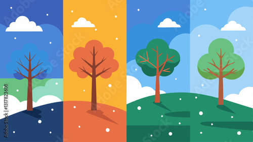 Seasonal Changes Illustrate a fourpanel scene showing the same park through different seasons spring blooms summer sunshine autumn leaves winter snow capturing how memories evolve