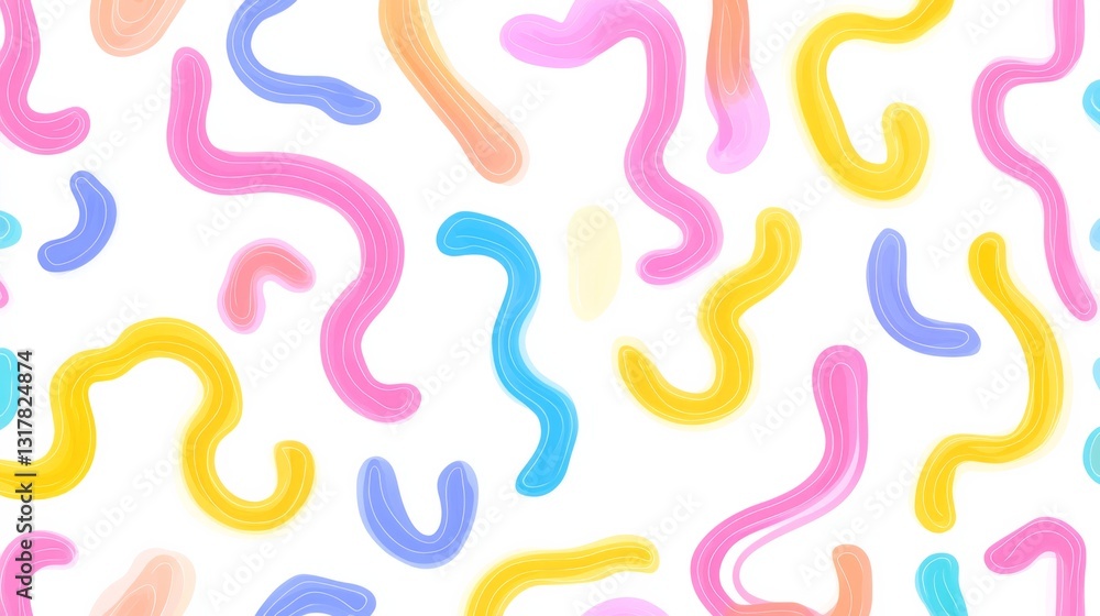 Colorful Cartoon Squiggle Pattern with Simple Line Drawing on White Background Colorful Cartoon Squiggle Pattern with Simple Line Drawing on White Background