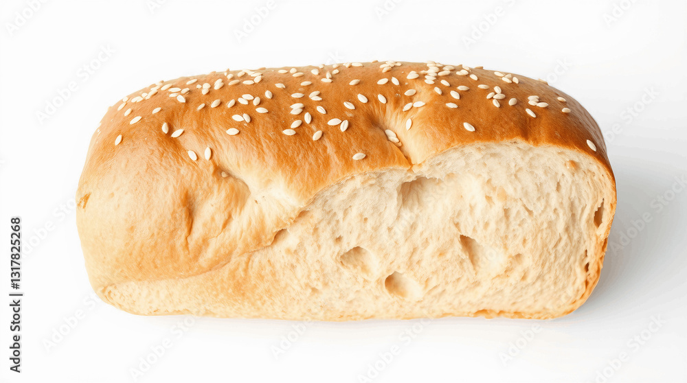 bread on a plain white background. The bread is rectangular with a golden-brown crust, featuring a slightly glossy surface with visible sesame seeds bread on a plain white background. The bread is rectangular with a golden-brown crust, featuring a slightly glossy surface with visible sesame seeds
