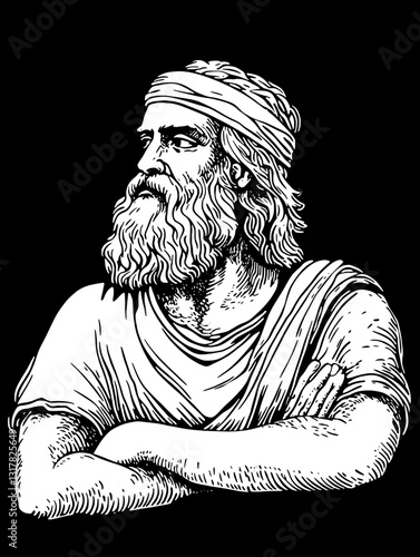 Philosopher with a contemplative expression embodies wisdom and knowledge in artistic vector design suitable for modern applications